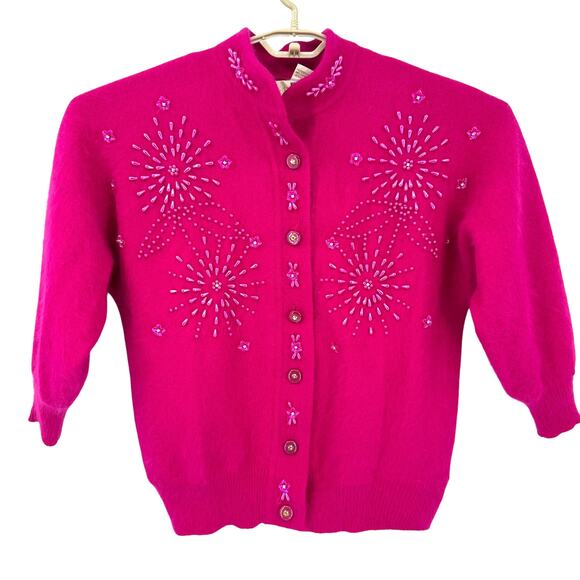 Belldini Vintage Sweater Jacket Lined Hot Pink Sparkle Beads Angora Size Large - Picture 1 of 7